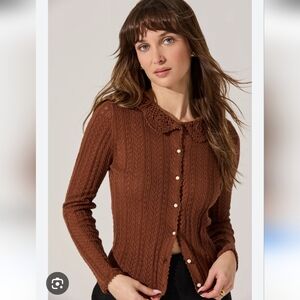 ASTR the label Ottilie Pointelle Crochet Collar Cardigan Brown Knit Sweater sz S